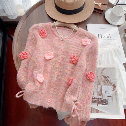 Recommended by Nancy Cici for her own use~Early autumn sweet three-dimensional flower drawstring short knitted cardigan sweater for women