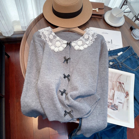 Recommended by Nancy Cici for her own use~Sweet lace doll collar bow knitted cardigan sweater jacket for women