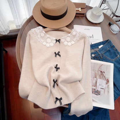 Recommended by Nancy Cici for her own use~Sweet lace doll collar bow knitted cardigan sweater jacket for women