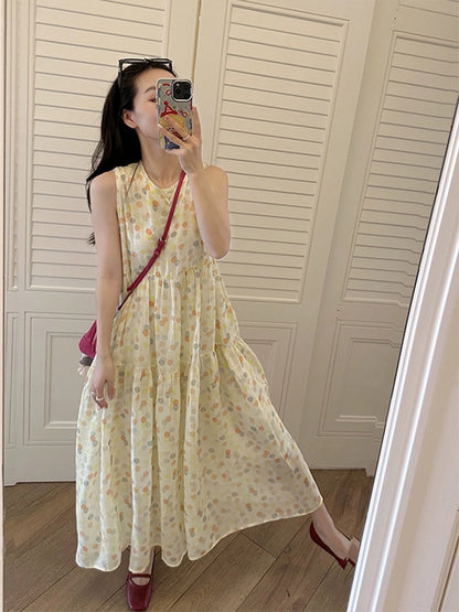 Jin Suyi colorful polka dot 100 ramie dress 2024 summer Korean style loose flesh-covering long skirt chic skirt