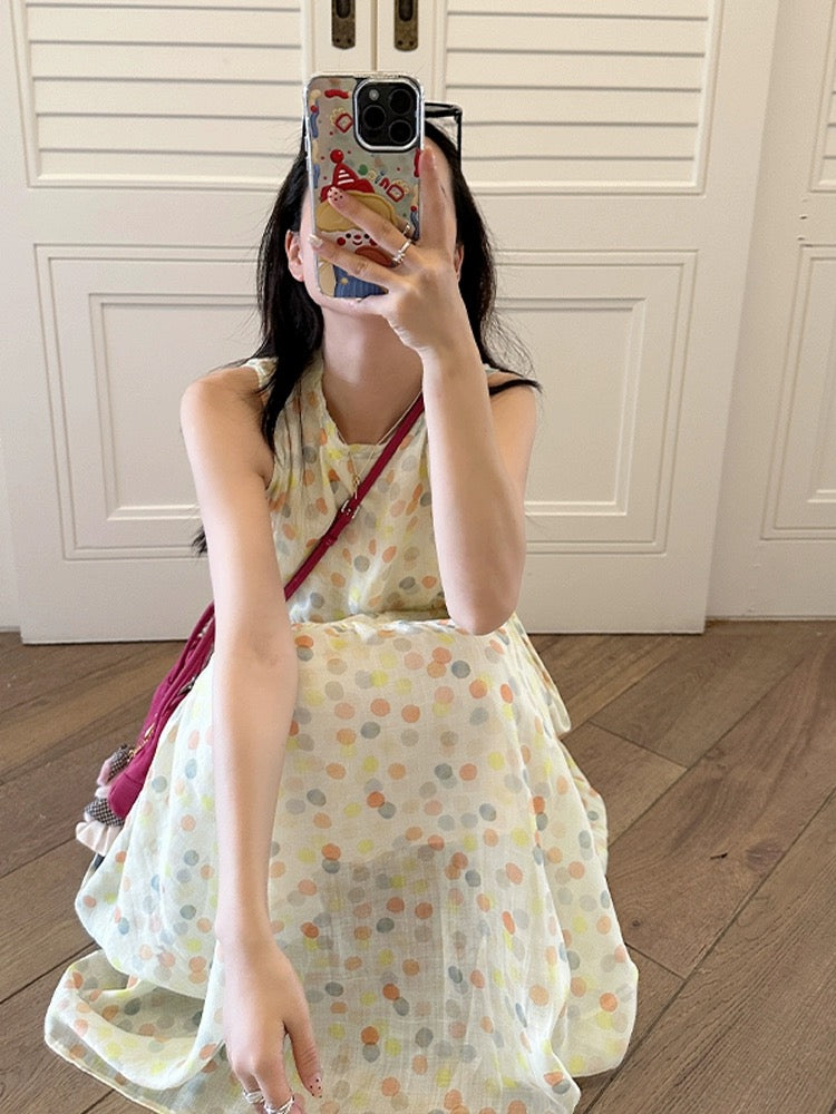 Jin Suyi colorful polka dot 100 ramie dress 2024 summer Korean style loose flesh-covering long skirt chic skirt