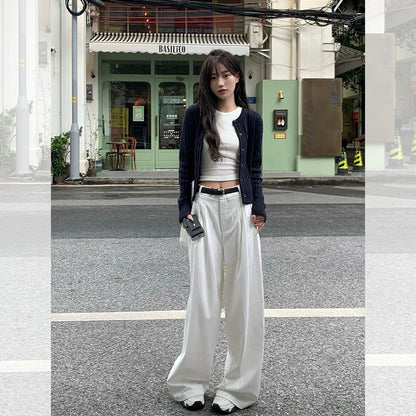 Song Zhengeun white wide-leg pants for women in spring, small, high-waisted, slim casual pants, Korean floor-length white pants