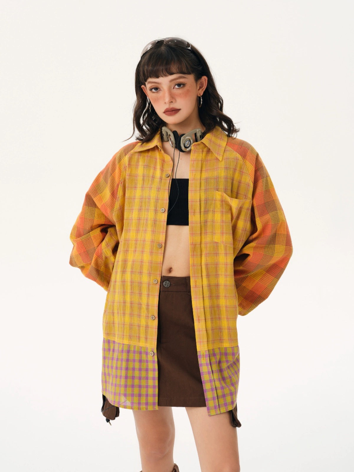 EZEK dopamine power style splicing plaid sun protection shirt women's design niche loose shirt is trendy for outer wear