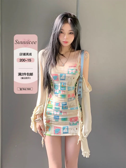 Suuuicee comic world poster print dress short suspender skirt (cardigan not included)