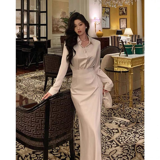 Godfrey French high-end temperament suit women's autumn long-sleeved satin shirt fishtail skirt two-piece set