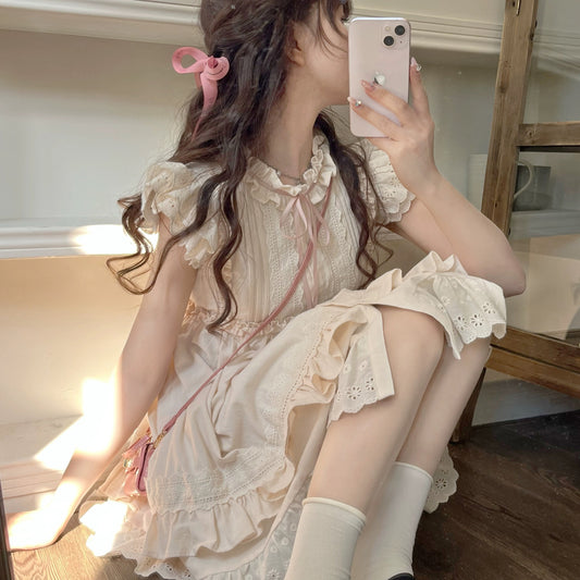 DOLL Original [Pure Love Song] Xiaofei Sleeve Dress Women's Summer New Style Slim Skirt with Fungus Trimming