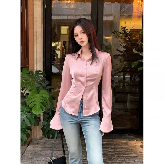 EUSKY IIWAN Light Blue Waist Vertical Striped Shirt Women's Pure Sexy Long Sleeve Waist Satin Slim Fit Shirt