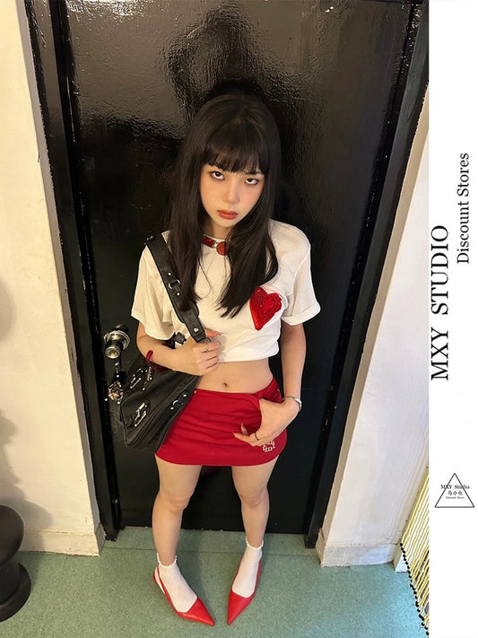 Ma Xiaoye's new Korean style summer red embroidered metal stud low-waist retro short skirt with personalized niche design