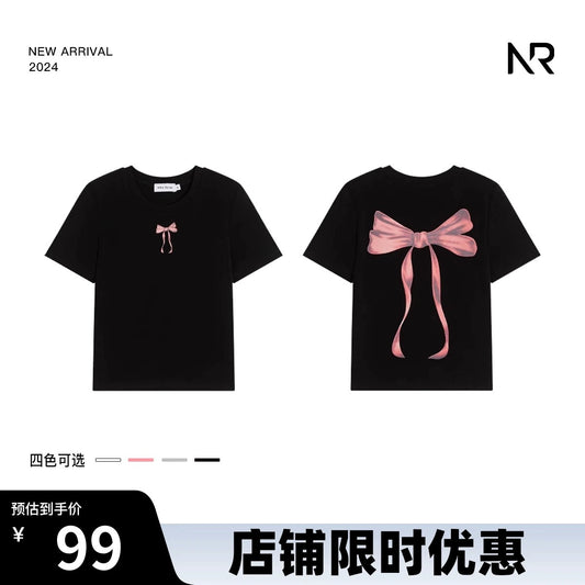 [Limited time offer] Butterfly T! Idol style age-reducing bow T-shirt round neck with big butterfly print on the back short sleeves