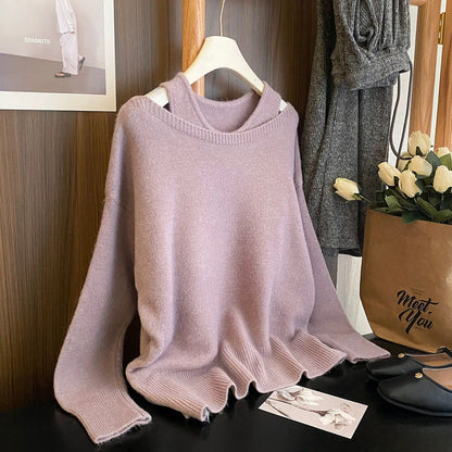 Senna Evening Breeze ~ Gentle, relaxed and high-end two-piece sweater set for women autumn vest one-shoulder blouse knitted top