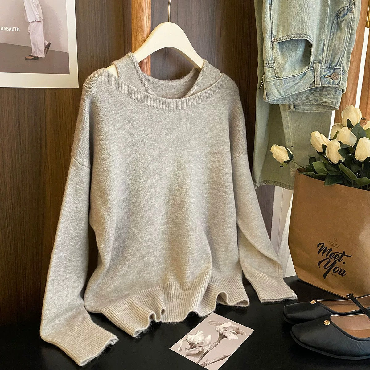 Senna Evening Breeze ~ Gentle, relaxed and high-end two-piece sweater set for women autumn vest one-shoulder blouse knitted top