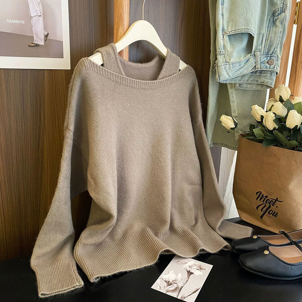 Senna Evening Breeze ~ Gentle, relaxed and high-end two-piece sweater set for women autumn vest one-shoulder blouse knitted top