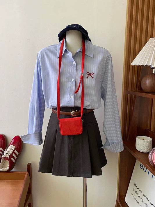 Korean blue striped bow embroidered long-sleeved shirt for women in spring and autumn, retro style shirt top for inner and outer wear