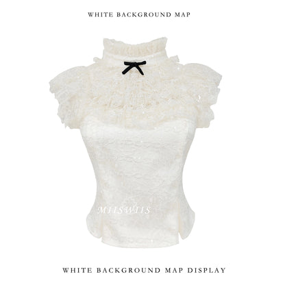 Ms. Weiss' "Bing Jiao" exquisite girly heavy-duty multi-layered lace sequin bow top with small flying sleeves shirt