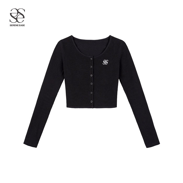 SereneEase embroidered logo large round neck knitted cardigan for women in autumn versatile high-end knitted jacket