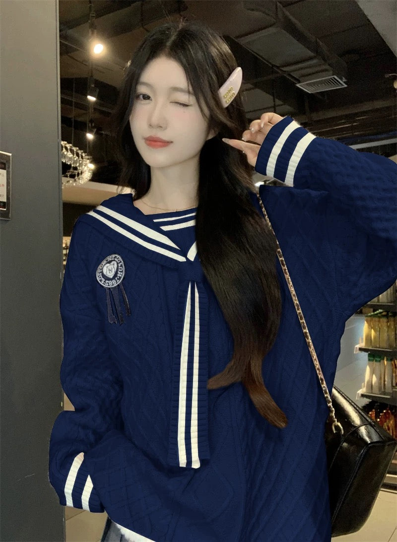 Large size navy collar college style sweater for women autumn 2024 new sweet