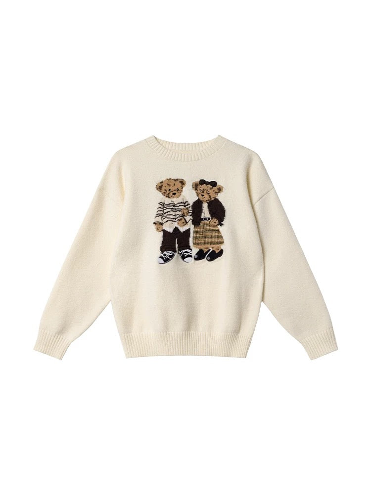 Retro Cartoon Bear Jacquard Round Neck Sweater Women's Autumn