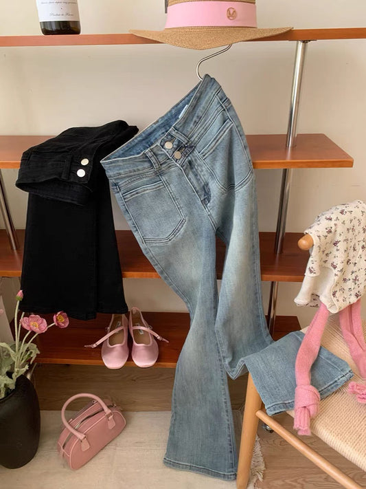 Double-button high-waisted pockets with slightly flared light blue jeans for women in spring, slimming, long legs, slim floor-length flared casual pants