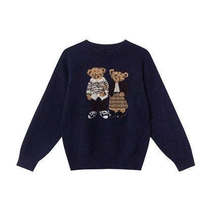 Retro Cartoon Bear Jacquard Round Neck Sweater Women's Autumn