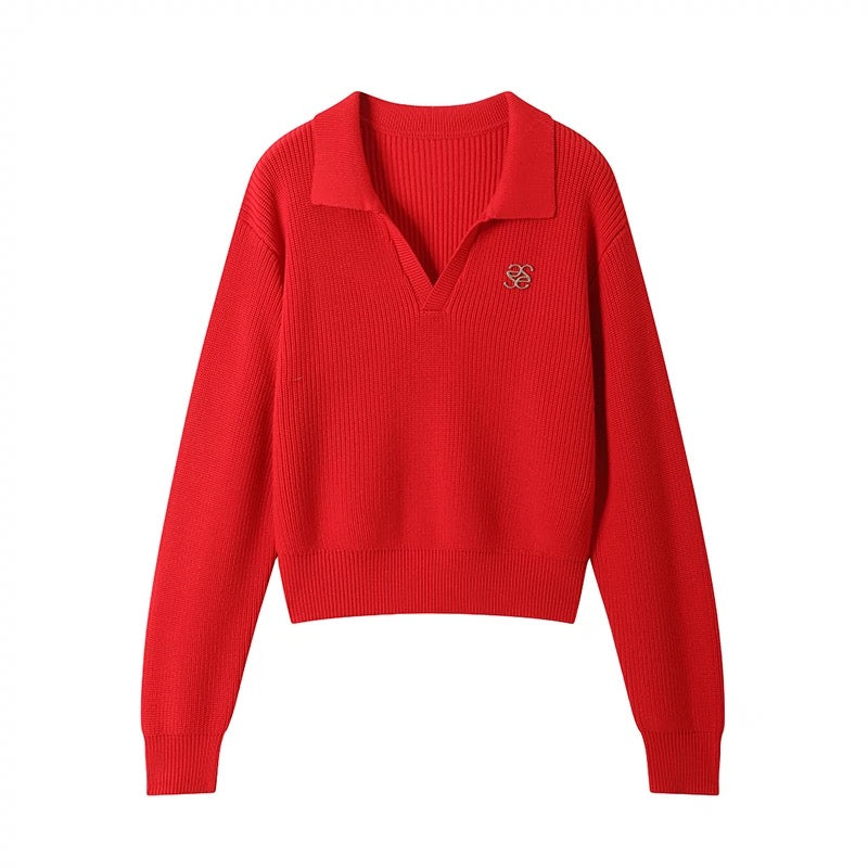 SereneEase college style high-end polo neck pullover niche v-neck logo long-sleeved sweater