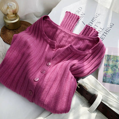 Korean retro gentle long-sleeved knitted cardigan for women spring and autumn slim short clean version pit strip small outer sweater jacket