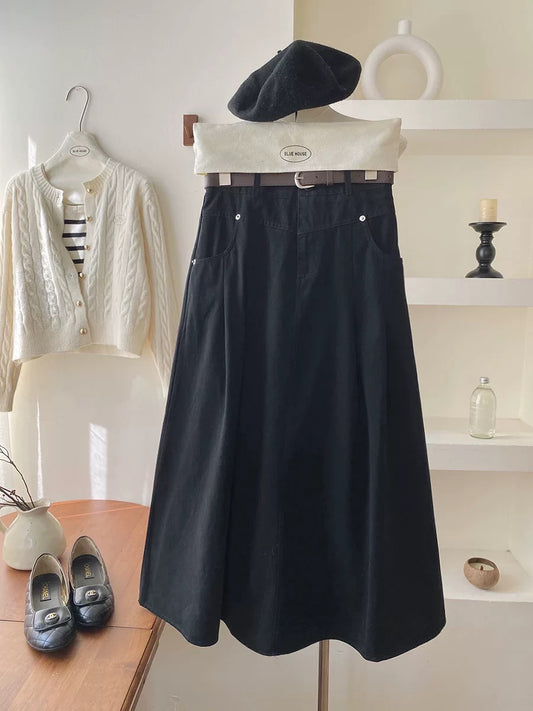 High-end retro high-waisted workwear washed cotton skirt with belt autumn high-waisted A-line hip-covering niche long skirt umbrella skirt