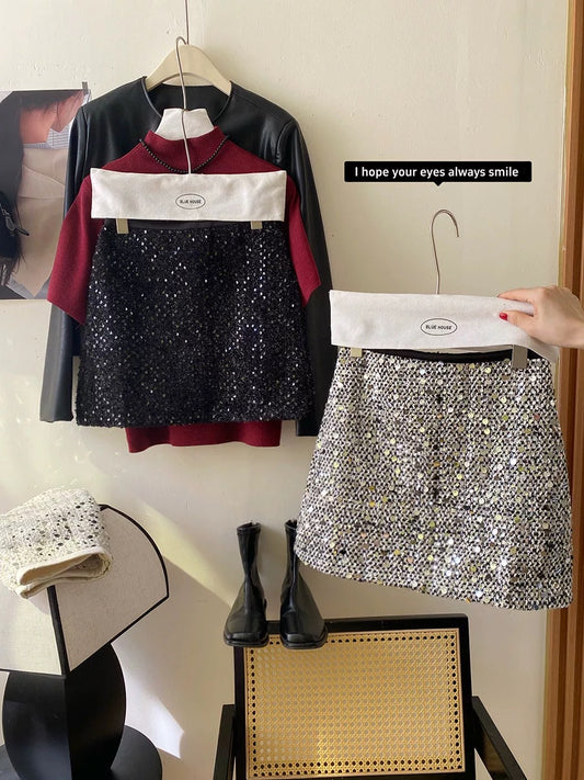 miu style gold-flavored sequined skirt for women in autumn high-waisted A-line hip-hugging black stylish sparkling skirt