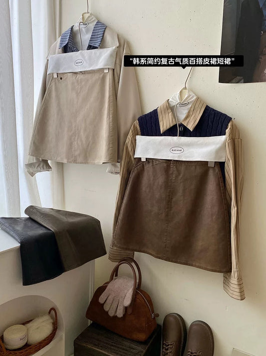 Matte frosted fine-grained high-end PU leather short skirt for women in autumn and winter with high waist and hip A-line simple temperament half-length small leather skirt