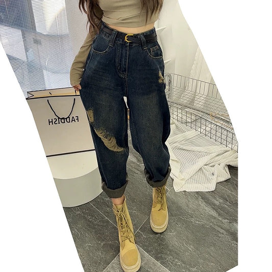 The treasure of the store! Dark blue and gray loose harem jeans for women, high-waisted, slim, pear-shaped, autumn ripped dad pants, trendy