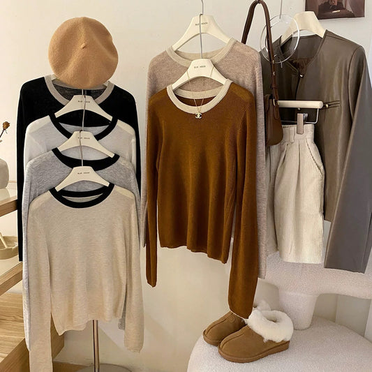 Autumn Maillard ~ Contrast color round neck soft knitted sweater for women in early autumn, light and simple inner layering top