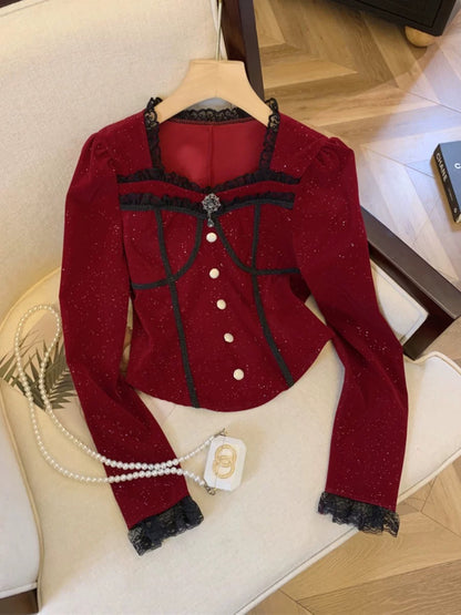 Christmas red velvet fine glitter top for women in autumn, high-end lace splicing square collar shirt, waisted short shirt