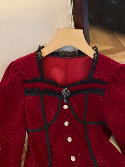 Christmas red velvet fine glitter top for women in autumn, high-end lace splicing square collar shirt, waisted short shirt