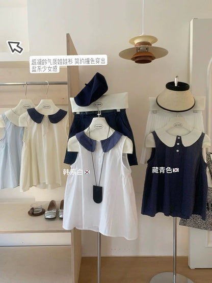 Girls Contrast Color Doll Small Lapel Navy Blue Sleeveless Vest Small Shirt Women's Summer Slimming Loose Waistcoat Top