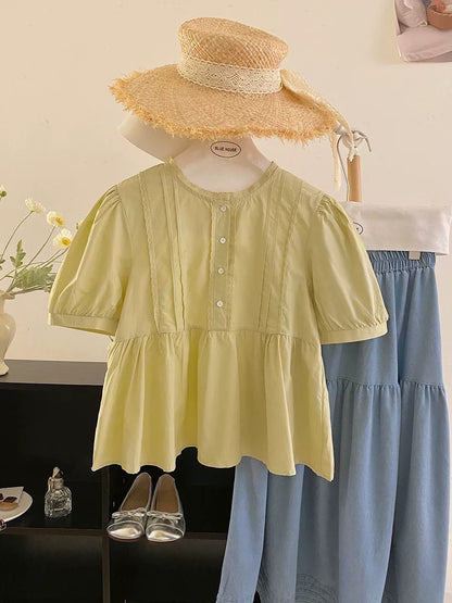 Summer night breeze~Gentle lace puff short-sleeved cream doll shirt for women summer loose sweet slim shirt