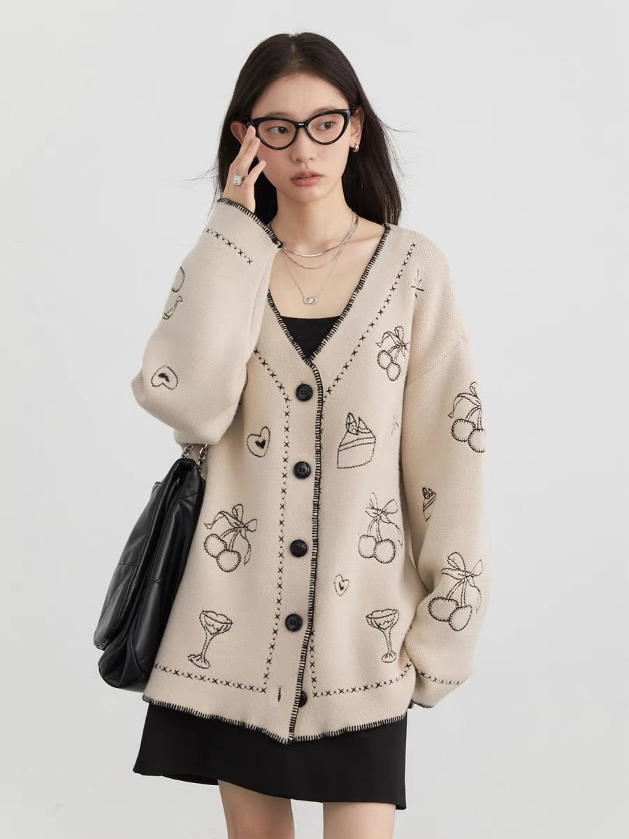 CHICVEN "Retro Adventure" Autumn New Korean Style V-neck Contrast Color Embroidered Sweater Jacket Heavy Knitted Cardigan