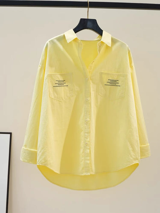 Yellow Cotton Shirt Women's Design Double Pocket Loose Casual Shirt Long Sleeve Versatile Top 2024 New Arrival Literary