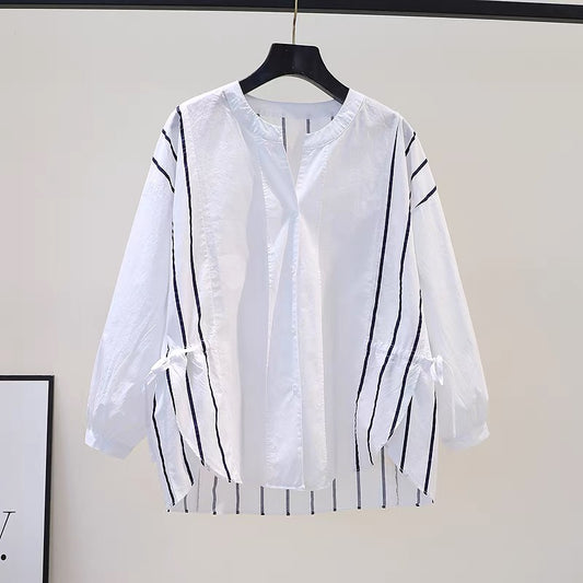 Drawstring waist striped stitching white cotton shirt women's loose long-sleeved shirt 2022 autumn literary and versatile top