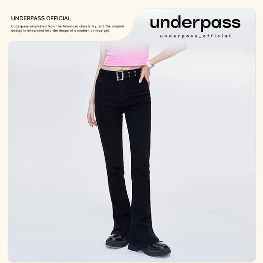 underpass original design retro slim slim micro-flared horseshoe pants black thin wide-leg jeans for women