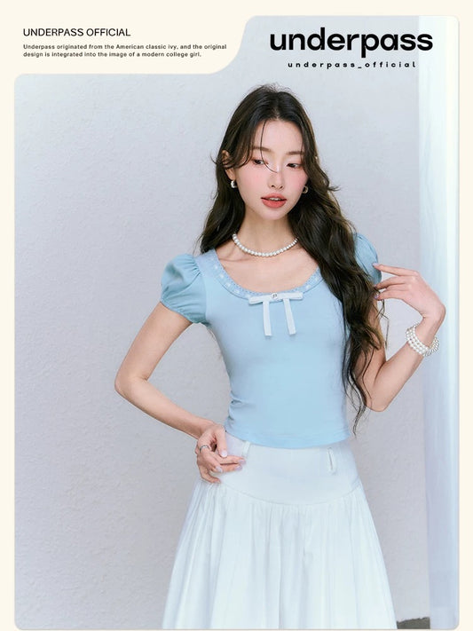 Underpass original design sweet round neck lace puff sleeves bow pure desire knitted slim top for women