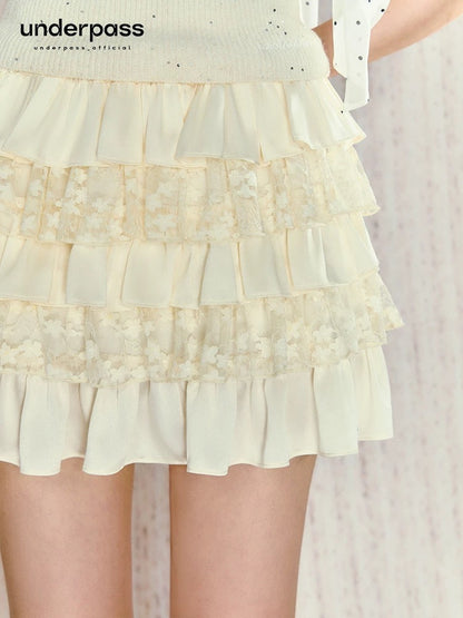 Underpass original design off-white lace hollow cake skirt A-line short slim multi-layer skirt for women