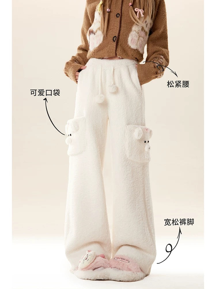 Natural and cute pocket drape casual glutinous rice pants for women in autumn and winter for small people plus velvet straight wide-leg floor-length pants