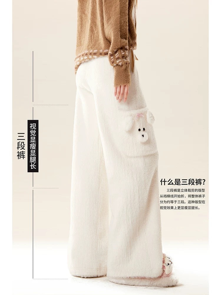 Natural and cute pocket drape casual glutinous rice pants for women in autumn and winter for small people plus velvet straight wide-leg floor-length pants