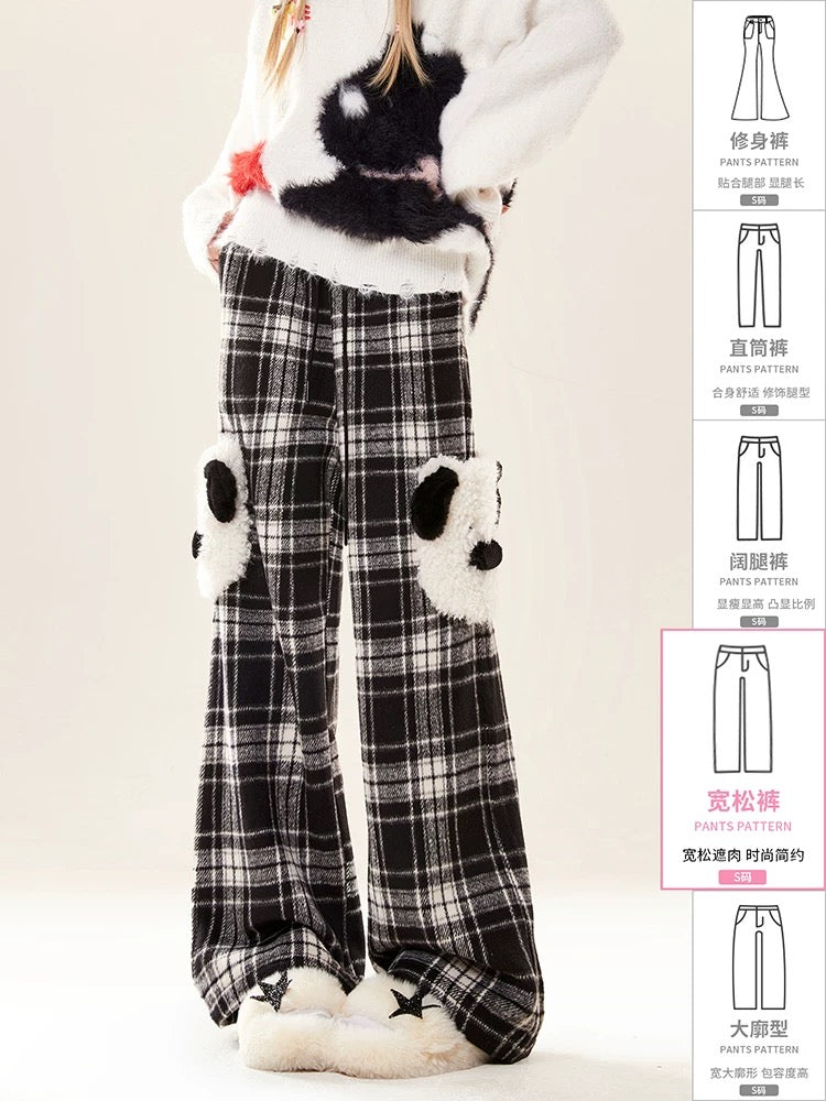 Natural furry pocket loose casual plaid trousers for women in autumn and winter with cute design wide-leg straight trousers