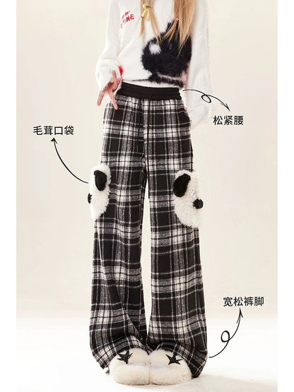 Natural furry pocket loose casual plaid trousers for women in autumn and winter with cute design wide-leg straight trousers