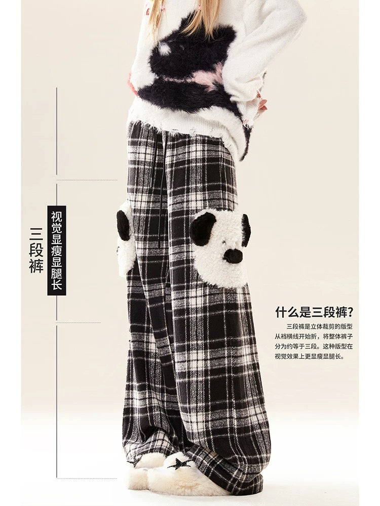 Natural furry pocket loose casual plaid trousers for women in autumn and winter with cute design wide-leg straight trousers