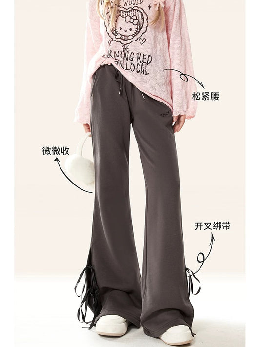 Natural gray drawstring sports boot-cut pants for women, spring and autumn, hot girl high-waisted horn casual horseshoe slimming pants