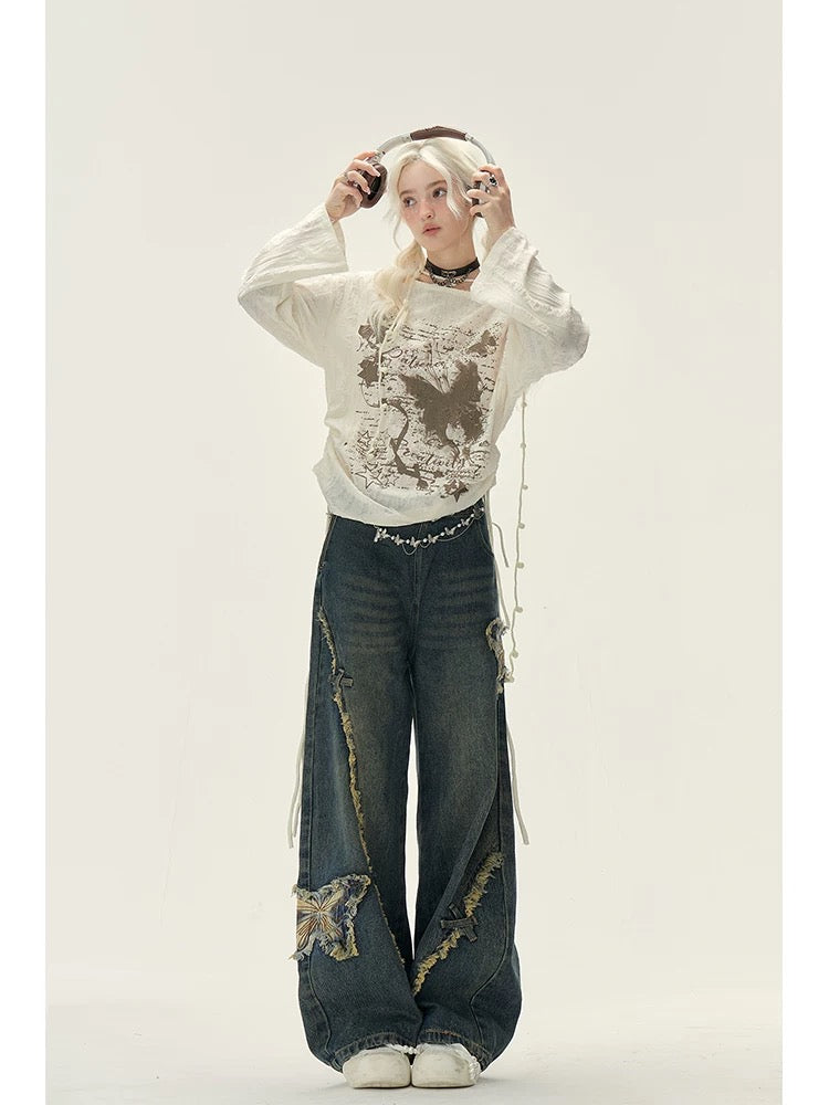 Naturally high-waisted, slimming, pear-shaped, wide-leg jeans for women, autumn and winter design, butterfly embroidered side zipper pants