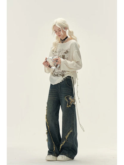 Naturally high-waisted, slimming, pear-shaped, wide-leg jeans for women, autumn and winter design, butterfly embroidered side zipper pants