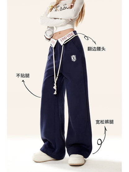 Natural dark blue cuffed waist jazz dance sports pants for women, autumn and winter style American hip-hop wide-leg loose pants