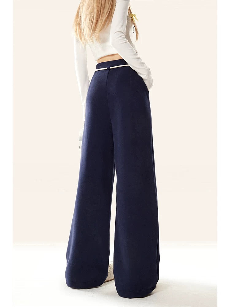 Natural dark blue cuffed waist jazz dance sports pants for women, autumn and winter style American hip-hop wide-leg loose pants